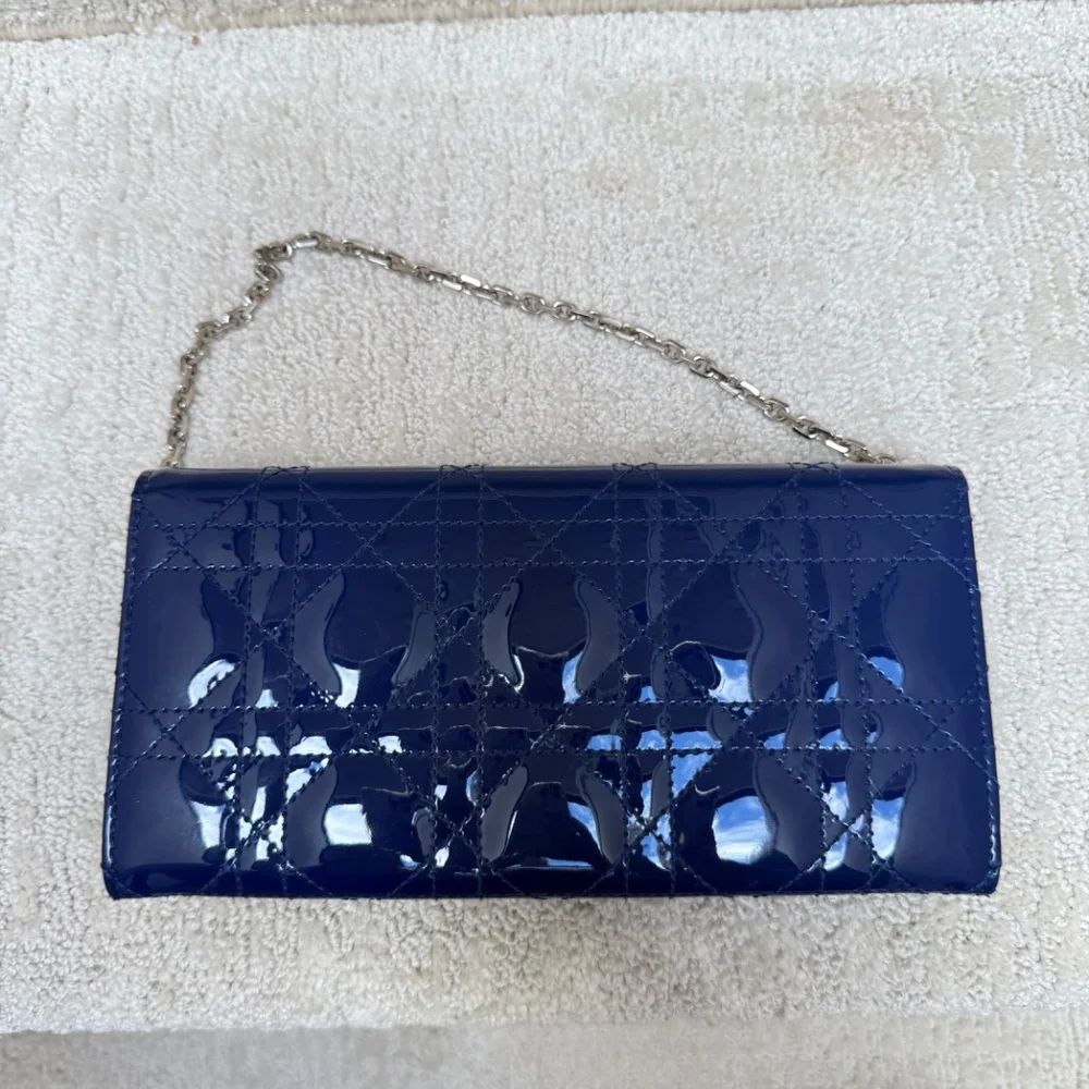 Christian Dior Wallet on Chain in Navy Patent Leather Full Set